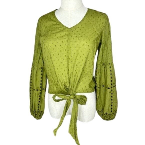 Japna Olive Green Front Tie Eyelet Balloon Sleeve Top Women’s Size Small - Picture 1 of 6